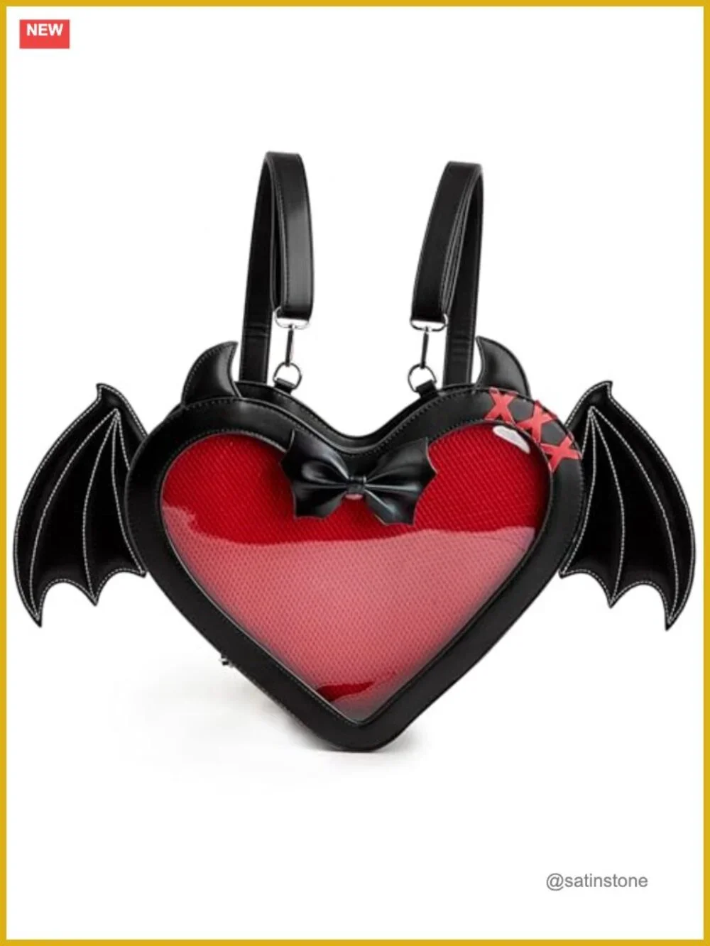 Gothic Heart Bat Wing Backpack Convertible Shoulder Bag Clear Window Display